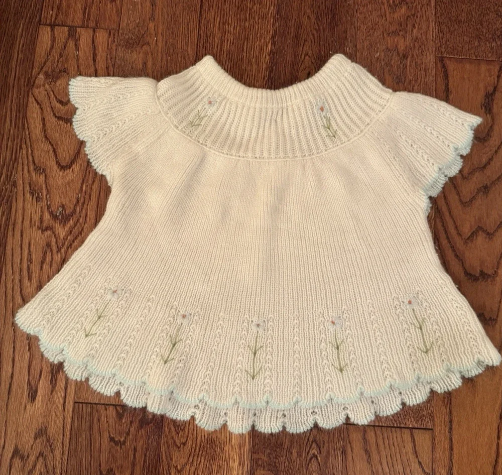Vintage Little Ones Baby Girl 6-12 Months Embroidered Floral Sweater Made Greece